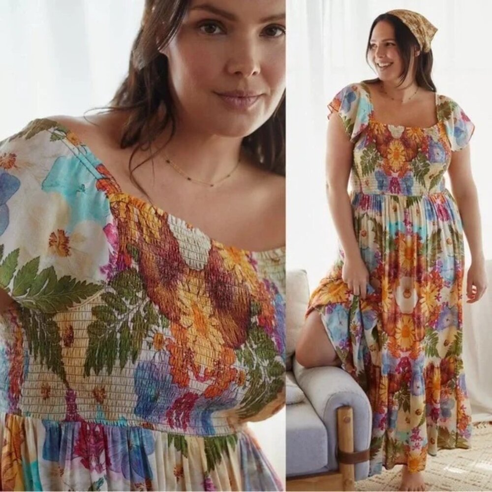 Anthropologie Floral Maxi Dress in Cream, Orange, Blue, Green - Picture 2 of 11